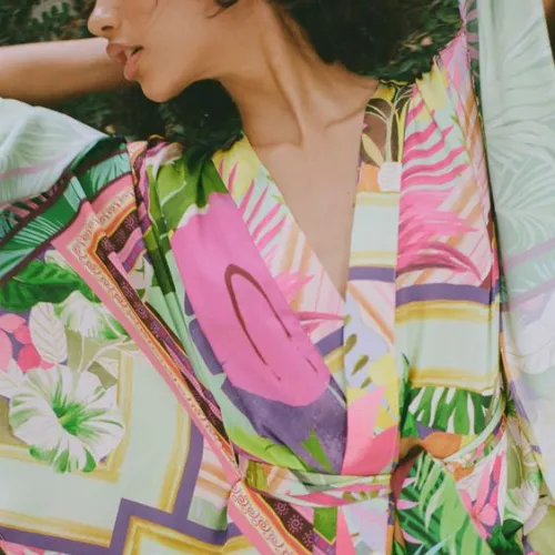 Satin Effect Tropical Print Kimono